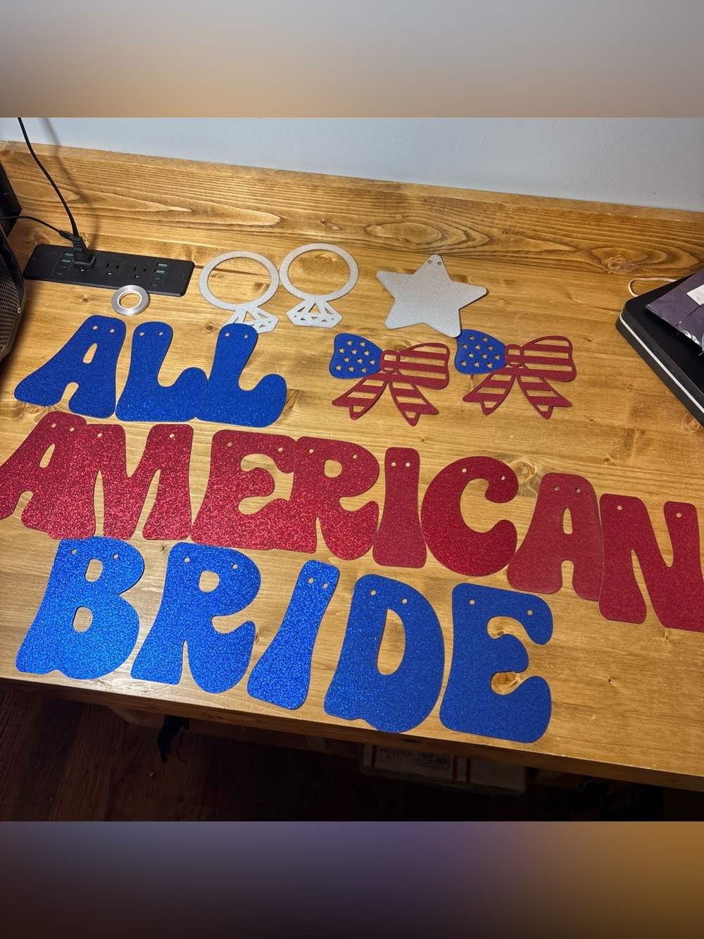 All American Bride Banner, Red, Blue, Silver Engagement Rings/Stars